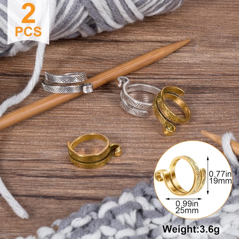 ANCIRS 2 Pack Knitting Crochet Loop Ring for Fingers, Adjustable Crochet Tension Ring, Metal Open Yarn Guide Finger Holders, Knitting Thimbles for Crochet- Gold & Silver - Image 2